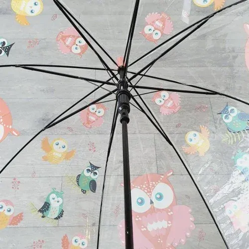 Průhledný dětský deštník s píšťalkou a sovičkami – červený, 80 cm
